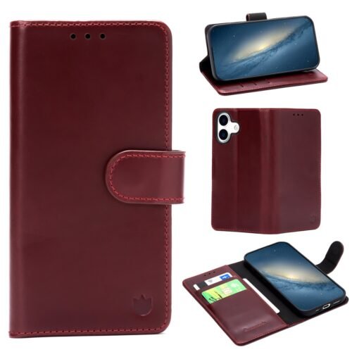 CaseMania Genuine Leather Bookcase - iPhone 17 - Bordeaux
