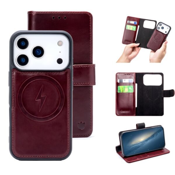 CaseMania 2-in-1 Genuine Leather Bookcase - iPhone 17 Pro - Bordeaux